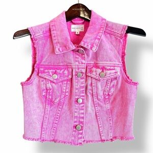 Avec les filles bubble gum pink acid wash denim vest, raw hem, size S